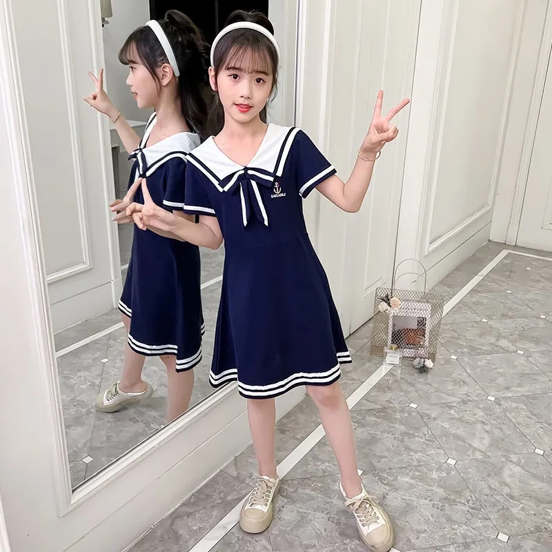 Girls Dress New Summer Children's Western Style Navy Collar Skirt College Style Short Sleeve Girl's Skirt