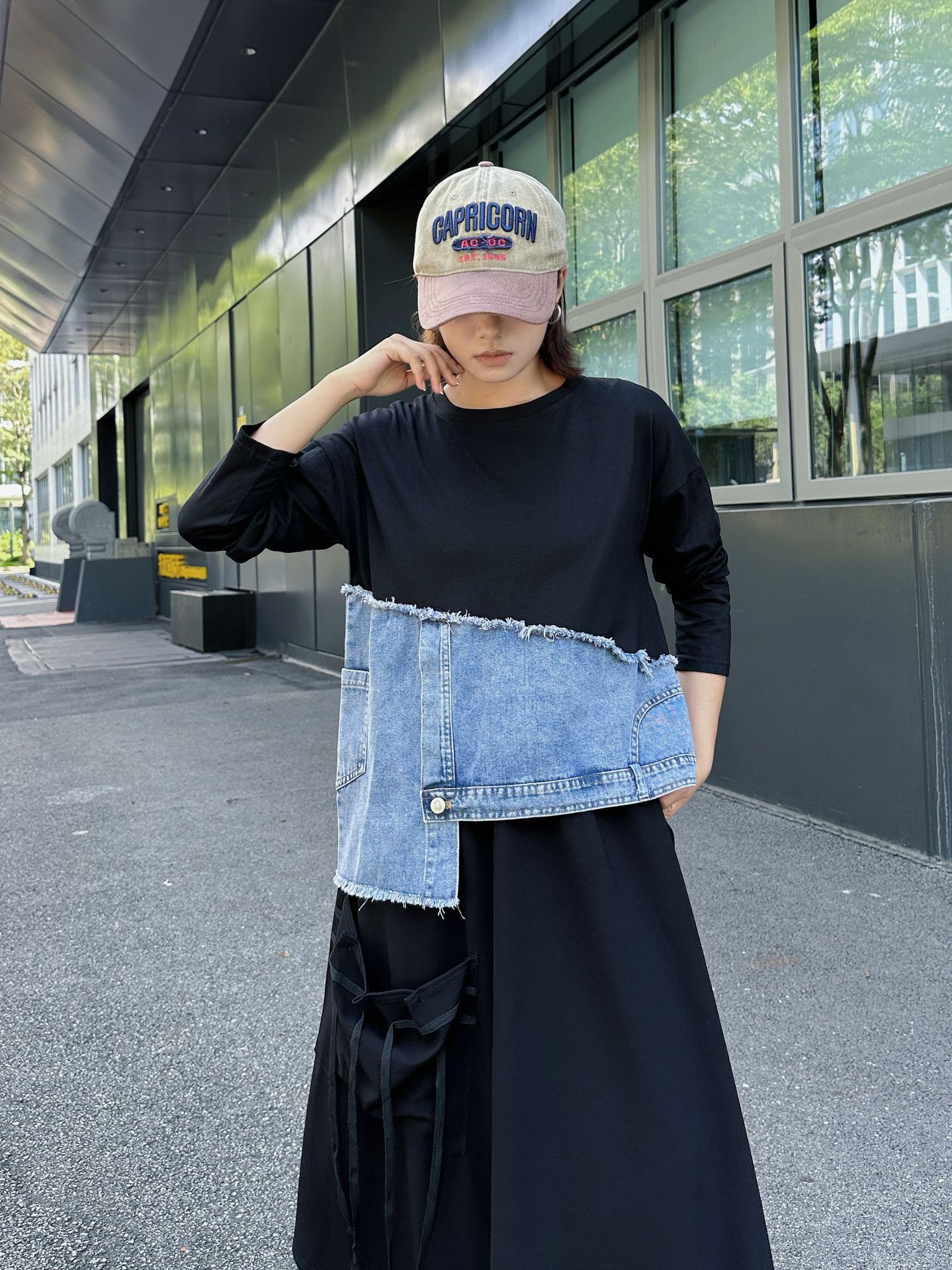 250835 American retro trendy brand T-shirt trendy crew neck splicing fashionable denim irregular contrasting ins top trend