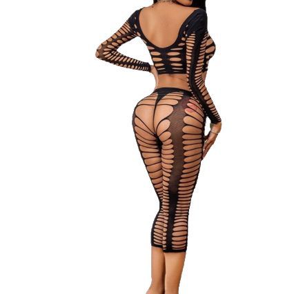 Picture of European and American Sexy Lingerie Fishnet Striped See-Through Hollow Long-Sleeve Backless Detachable Passion No-Take-Off Mesh Outfit