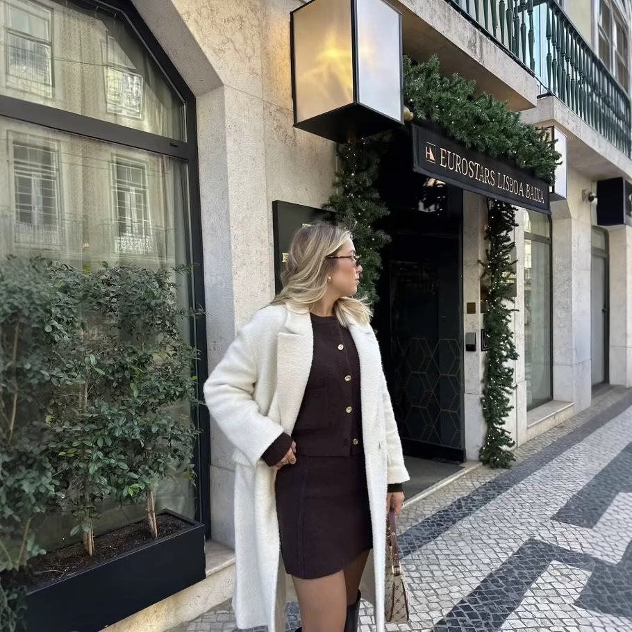 ZA cross-border women's clothing wholesale European and American style new knitted two-piece crew neck single-breasted sweater high waist skirt