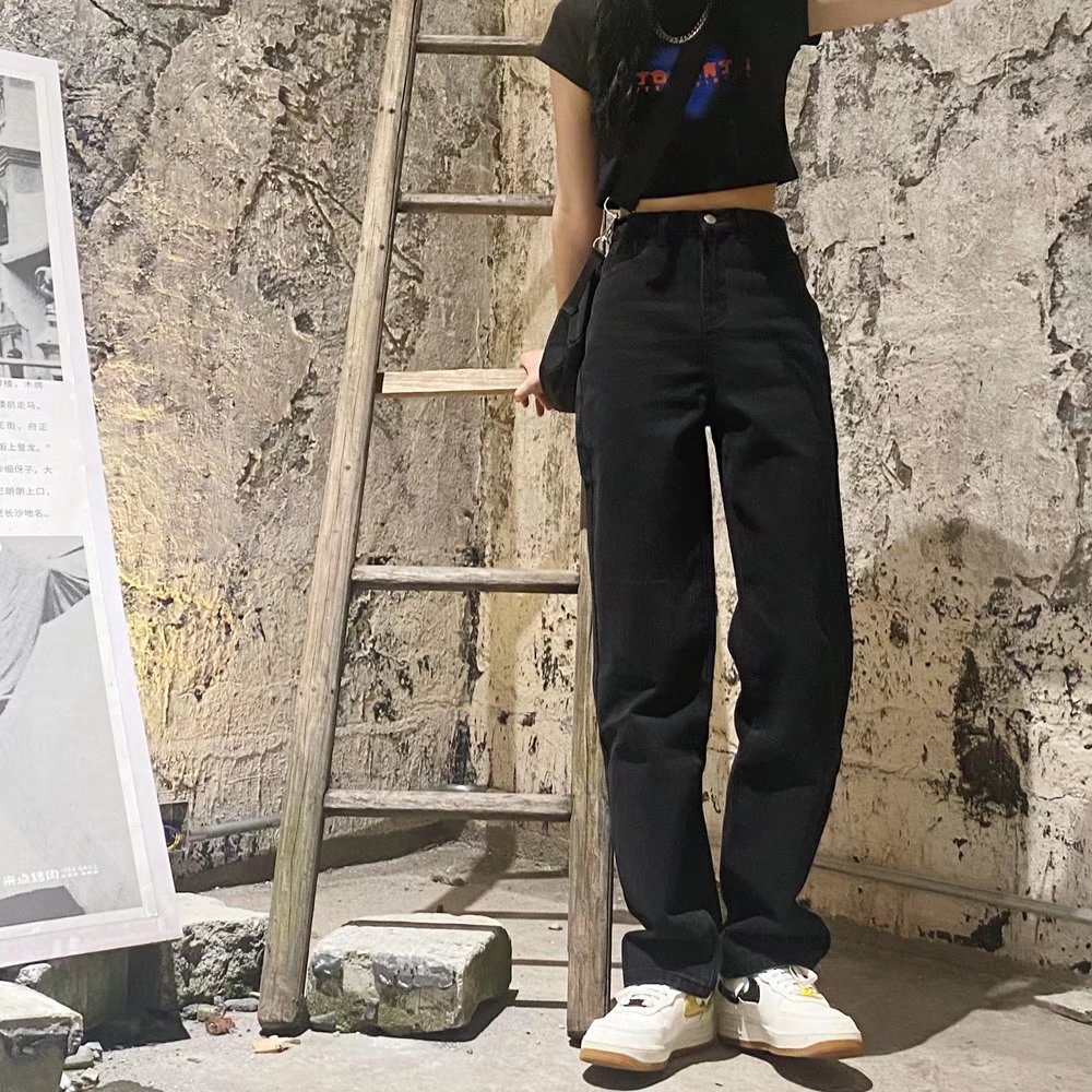 Black floor-length jeans women's autumn high-waist slimming wide-leg pants 2024 straight-tube draped loose pants high-street fashion
