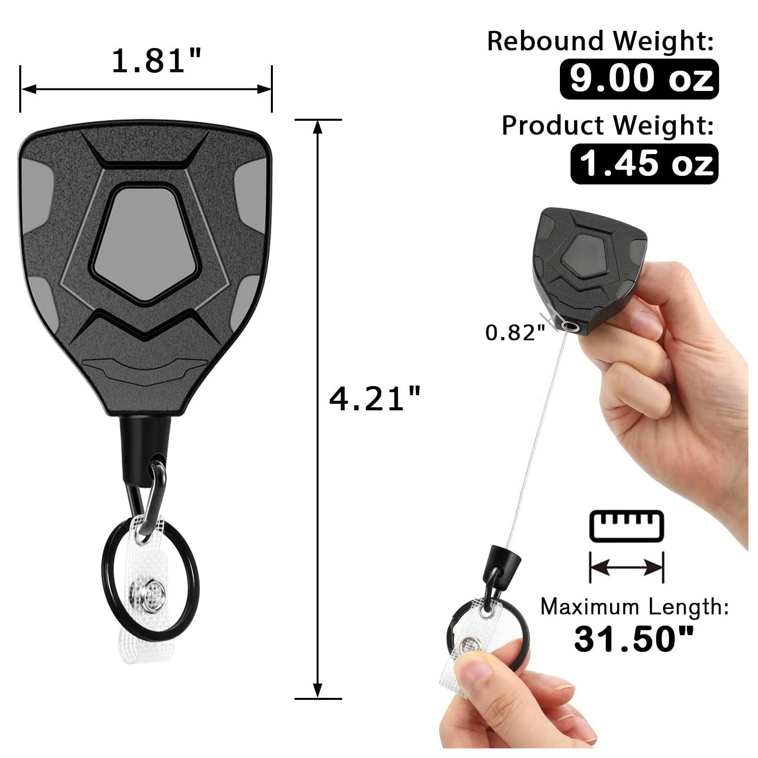 Picture of Heavy duty retractable high stretch ABS carabiner black triangle shield type with belt clip ID key chain