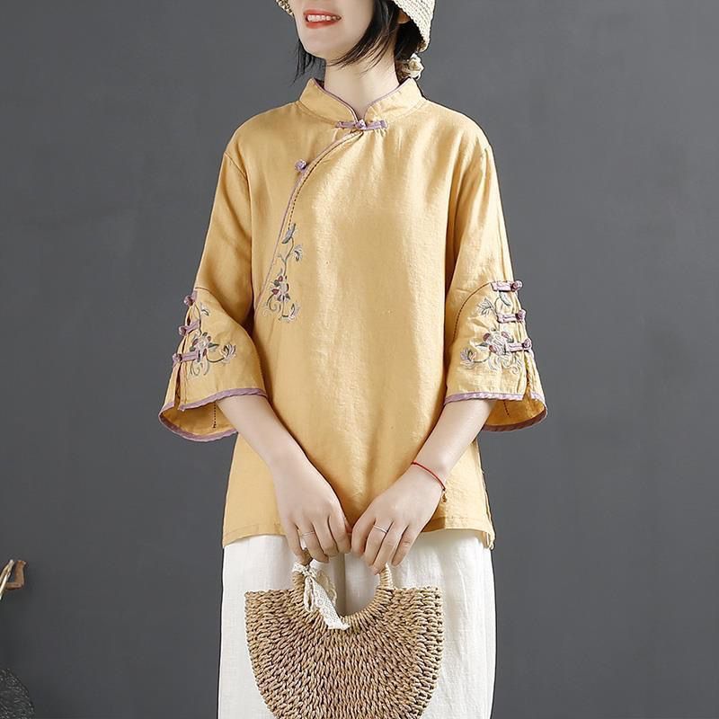 Picture of 2025 New Chinese Style Retro Cotton and Linen Shirt for Women Spring and Summer Chinese Style Stand-Up Collar Button-Up Top with Slanted Placket Embroidered Tea Suit