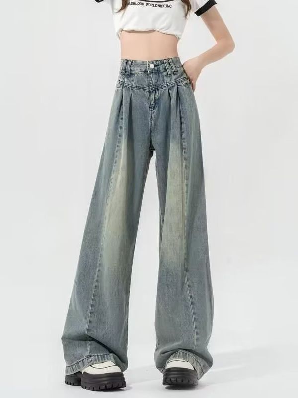 Old Retro Straight Leg Jeans Women's Spring and Autumn Design Sense High Waist Slimming Sag Sense Wide Leg Trendy Pants