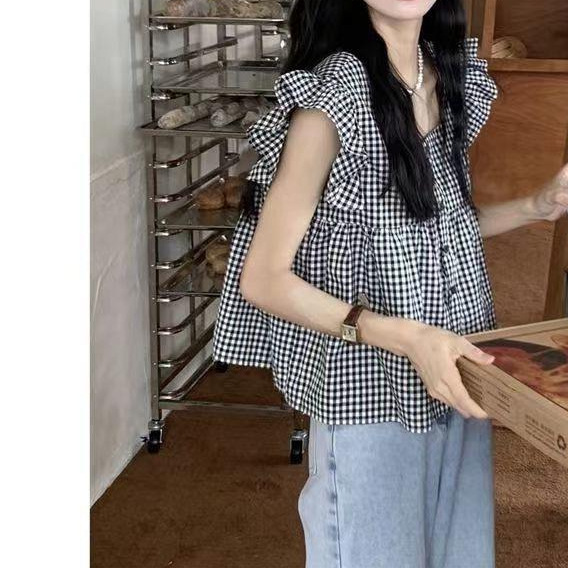 2024 Spring Korean Style Girl's Cute Women's Summer Square Collar Loose All-match Backless Short Doll Shirt Small Flying Sleeve Top