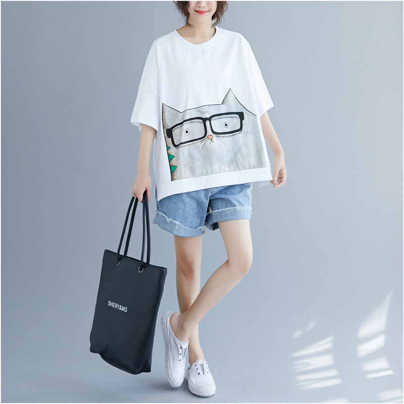 Small Fresh Plus Size Women's Clothing Cute Cartoon Print T-Shirt 2024 Fat mm Loose and Comfortable Simple Round Neck Top Summer