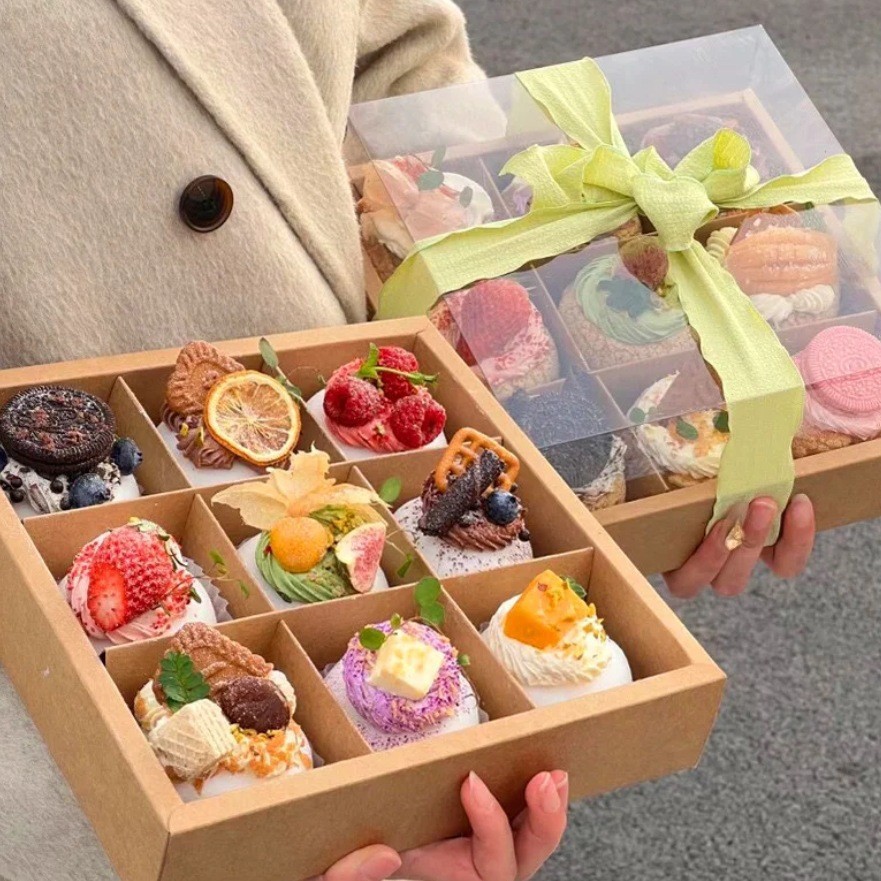 Nine-Grid Dessert Packaging Box Puff Snow Pastry Mousse Cup Takeaway Picnic 9-Compartment Kraft Paper Box