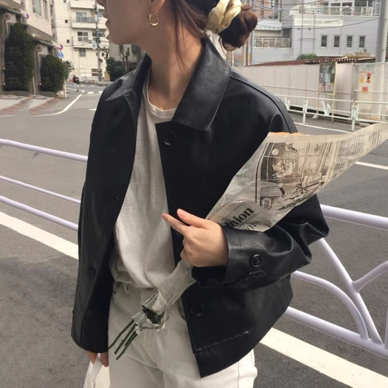 South Korea 2024 Autumn New Retro Handsome Motorcycle Simple Loose Short Jacket Imitation Leather Jacket for Women
