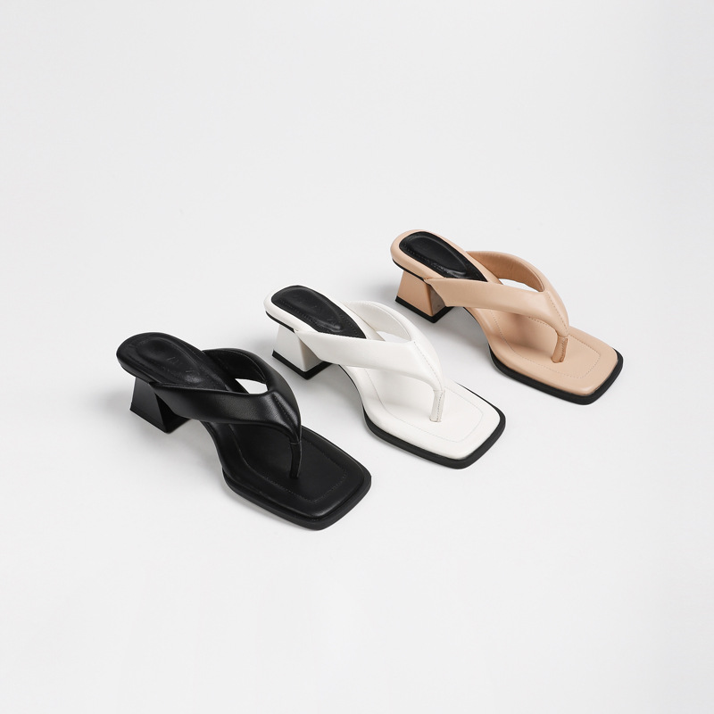 2025 Summer New Square Toe Thong Sandals Women's Outerwear Niche Lazy Slip-On High Heel Herringbone Sandals