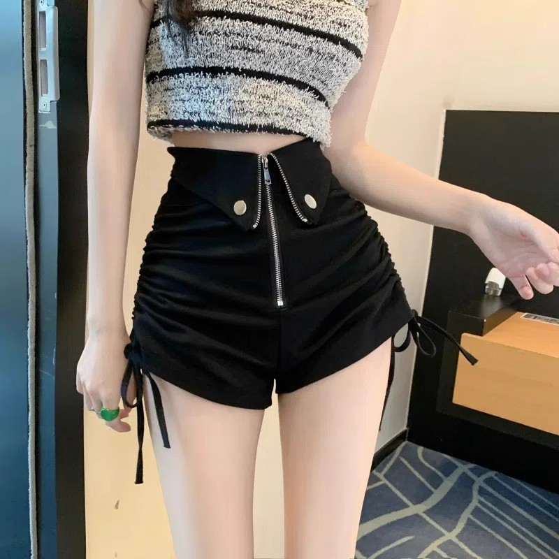 chubby girl plus size Black Casual Shorts Women's 2024 Summer New Fashion Design Sense Pleated Lace-up High Waist Shorts