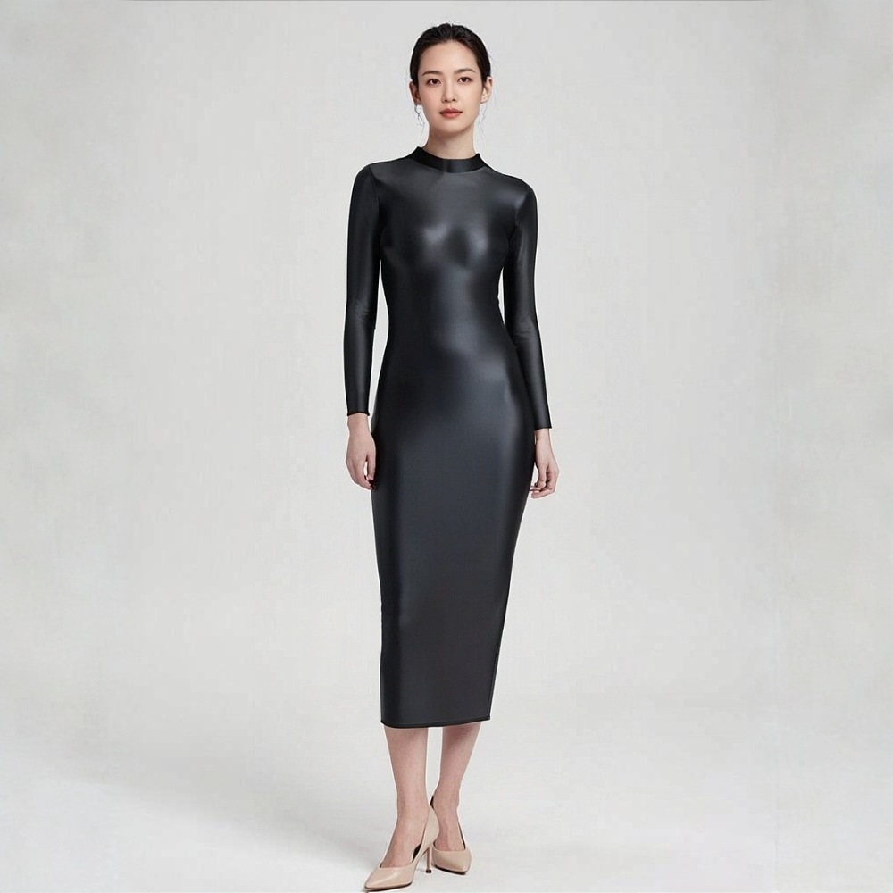 Yoga clothes women's glossy shiny hips sexy dress stretchy silky one-step skirt female high neck long sleeve long skirt