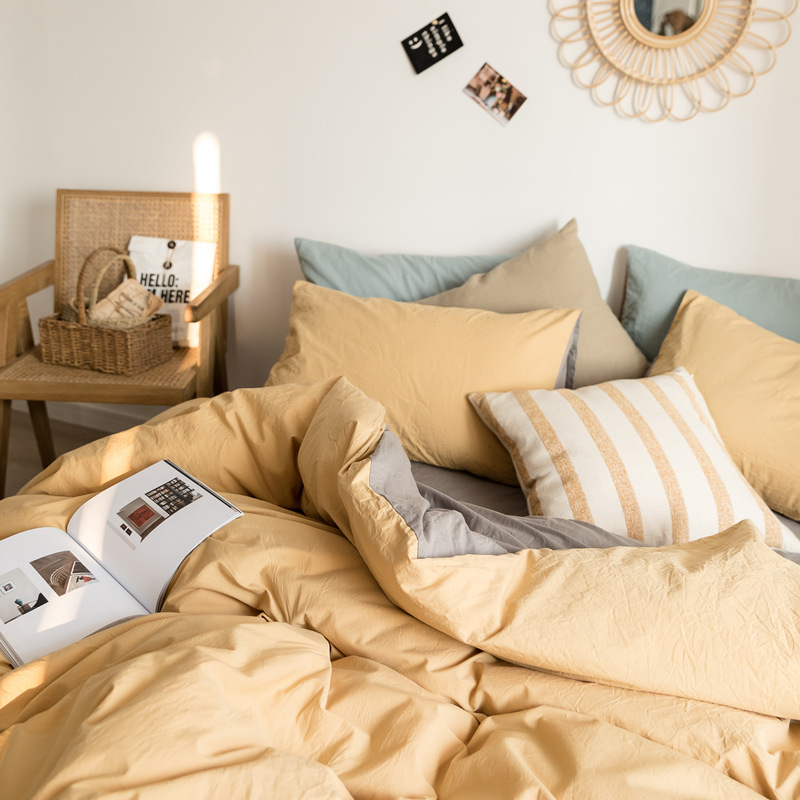 Picture of Unprinted Style丨Spring & Fall Pure Cotton Four-Piece Bedding Set, Cotton Quilt Cover, Bed Bed Sheets, Fitted Bed Sheets, 4-Piece Set, Pure Color