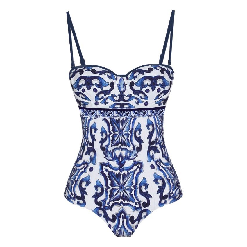 2024 European and American Amazon AliExpress one-piece swimsuit blue and white porcelain printed swimsuit suit female 2363