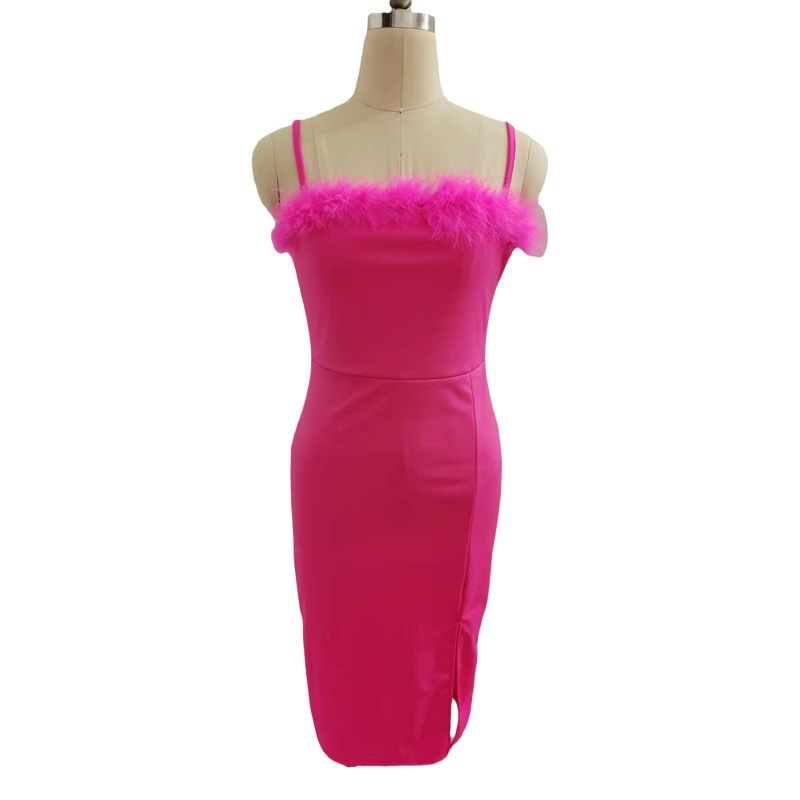 2022 New Autum Pure Color Suspender Feather Trim High Slit Party Slim Dress
