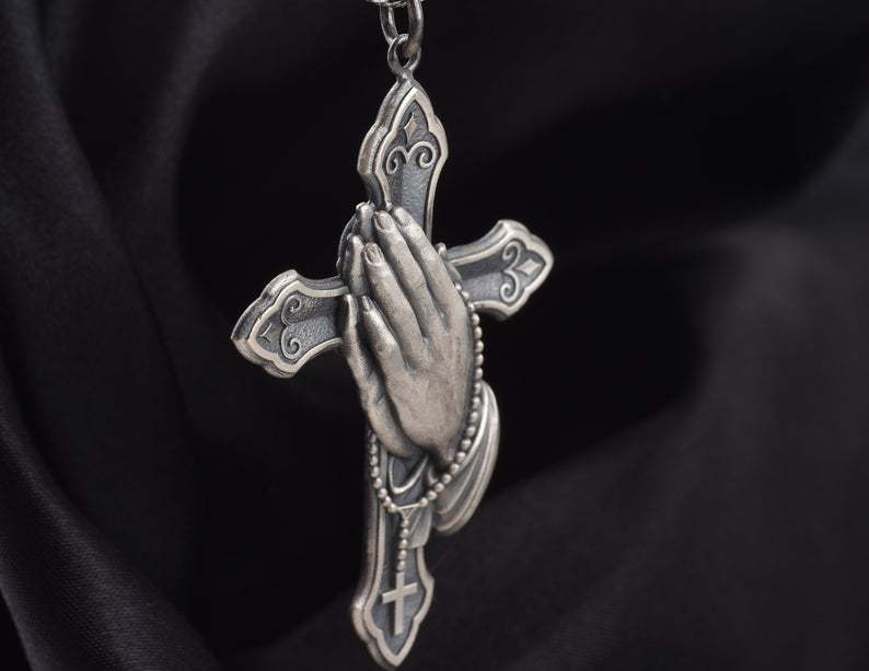 Picture of Zhen Rong wish New Hands Prayer Cross Retro Necklace European and American Plated 925 Thai Silver Black Pendant