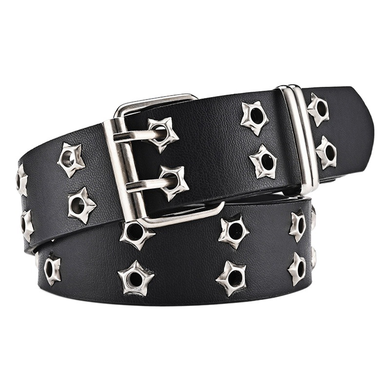European and American Hollow Punk Casual Women's Belt Fashion Star Air Eye Decorative Double Row Belt Women's Denim Belt Men