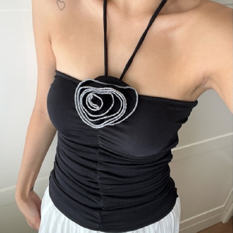 2023 European and American Foreign Trade Best Selling Explosions Amazon AliExpress Summer Women's Solid Color Neck Flower Halter Shirt