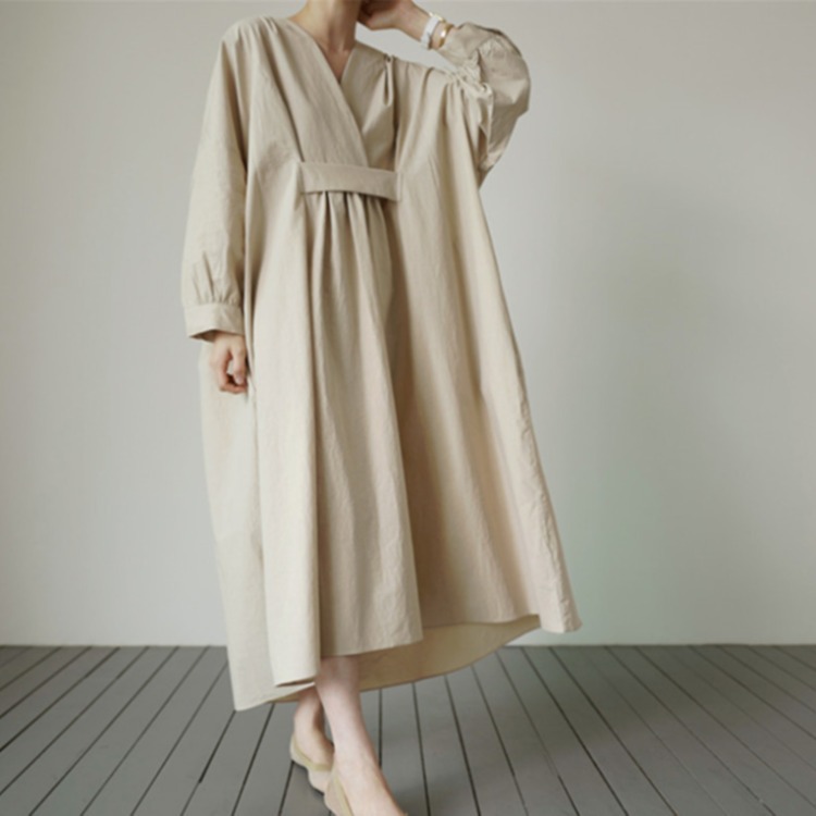 Loose Large Size Dress Korean-style Over-the-Knee Long Pullover Shirt Elegant College-style Mori Women's V-neck Base Skirt