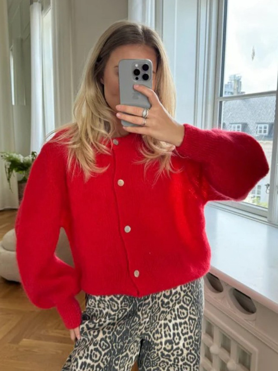 Picture of Candy-colored knit cardigan for women, European & American 2025 autumn/winter solid mohair cardigan, macaron-colored sweater for women