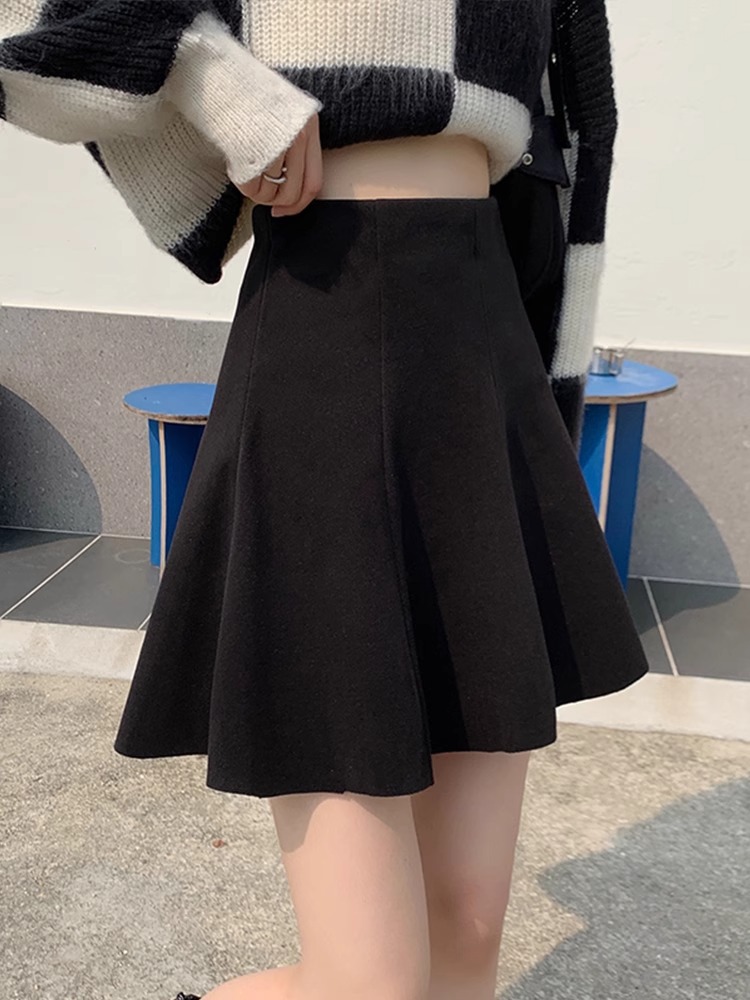 Pleated Woolen Skirt Women's Spring and Autumn A- line Skirt plus size chubby girl Pear-shaped High Waist Slimming Hip Covering Short Skirt