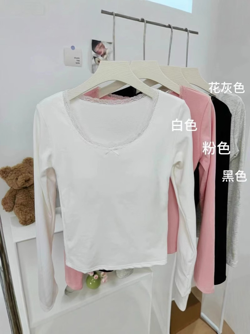 White Sweet Spice Shoulder Long-sleeved T-shirt with Base Shirt Women's Autumn and Winter Pure Lace Slim-fit Short Top
