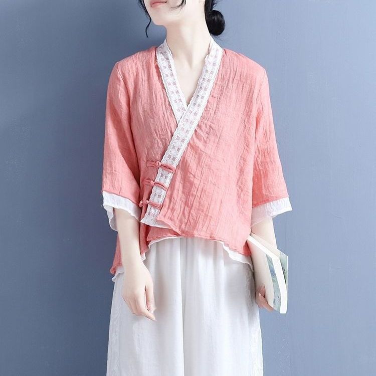 Picture of Cotton and Linen Retro Shirt Women's Seven-point Sleeve Summer New Arrival Loose Artistic Retro Design Color Contrast T-shirt V-neck Top