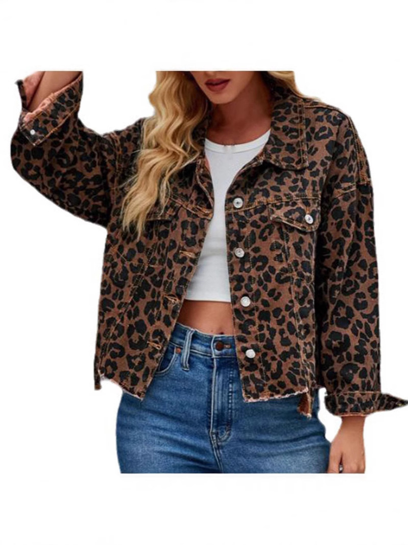 2025 Amazon Europe and the United States autumn and winter new leopard fashion casual Denim short coat real shot cross-border foreign trade women's clothing