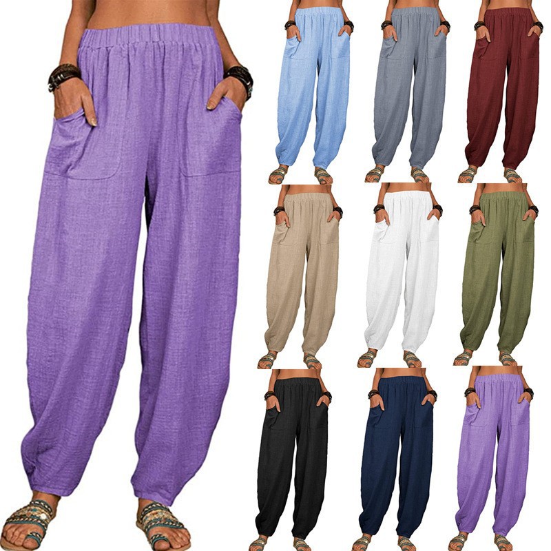 2023 European and American Cross-border Trade Women's Casual Pants Amazon wish Loose Cotton and Linen Casual Pants Harlan Pants