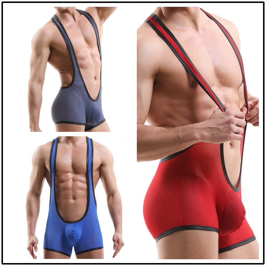 Foreign trade cross-border new men's underwear vest one-piece wrestling suit flat angle hollow mesh 1910