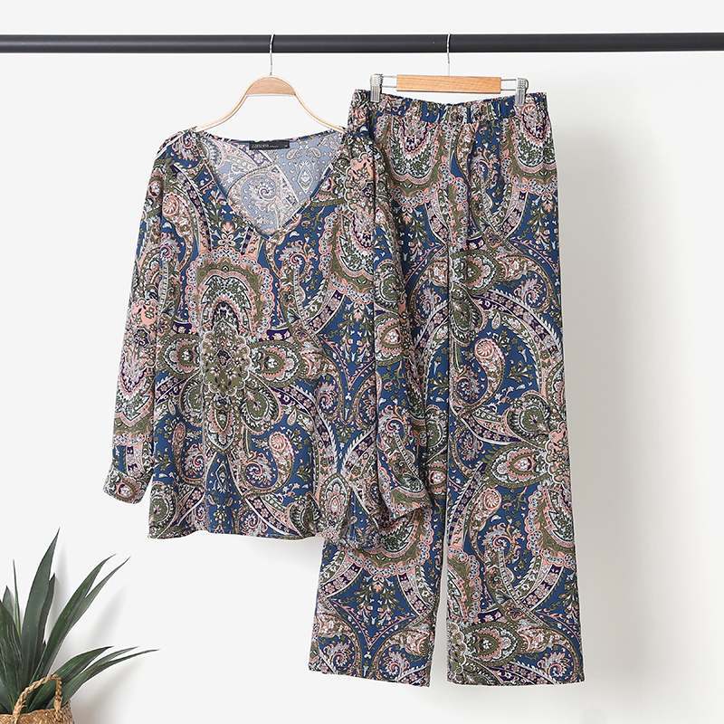 Picture of Floral V-neck Top Elastic Waist Loose Casual Pants Women's Spring suit Elegant Long Sleeve Bohemian Clothing