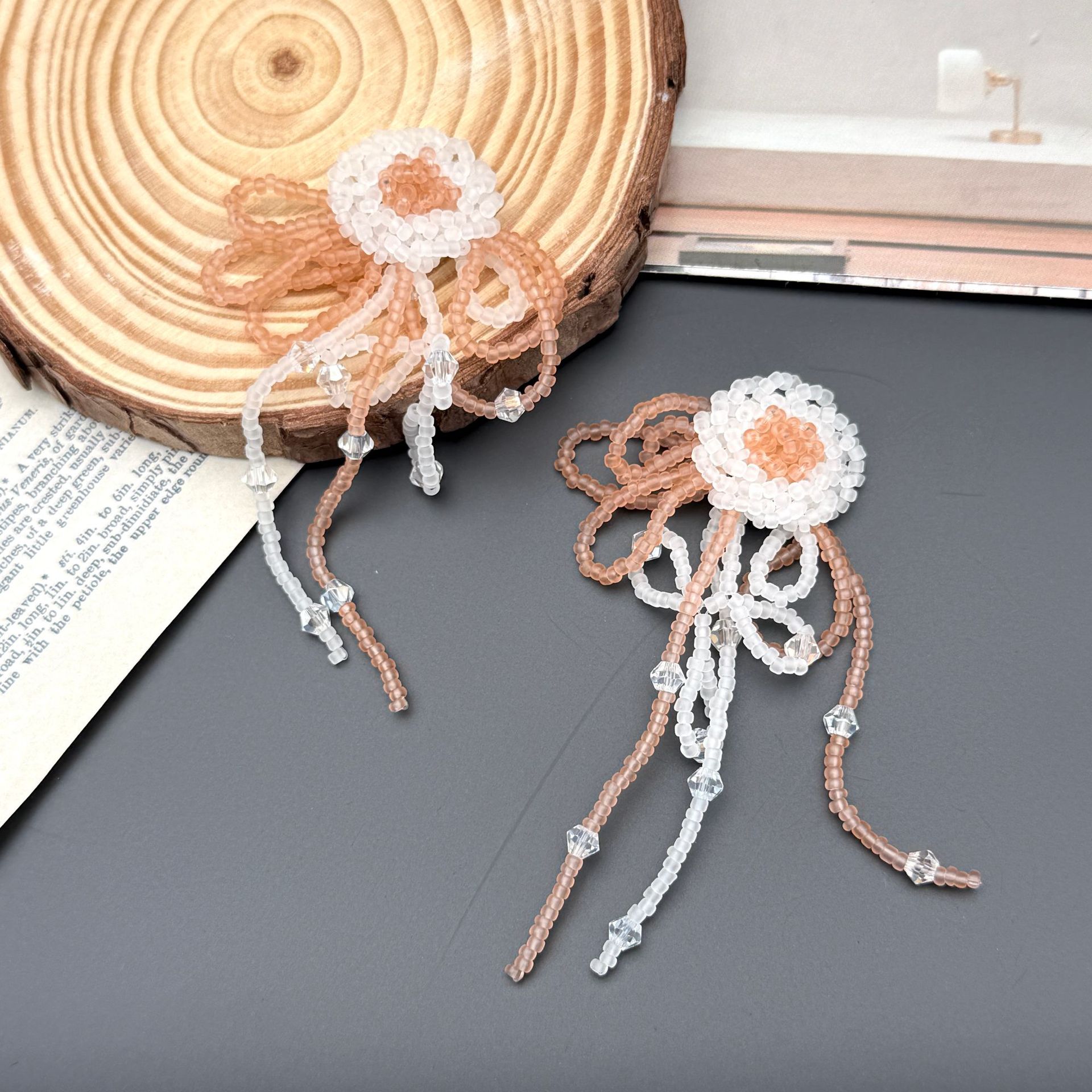 New handmade DIY glass bead braided beaded cool wind tassel long flower bow earrings hair accessories
