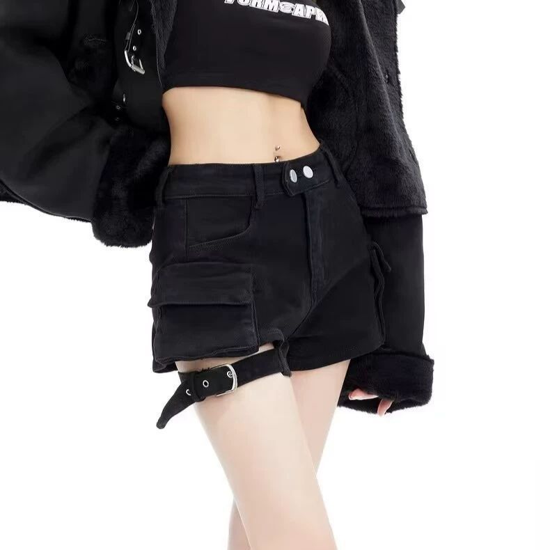 Vintage High-Waisted Stretch Denim Shorts for Women, Summer Petite American Style with Large Pockets, A-Line Hot Pants