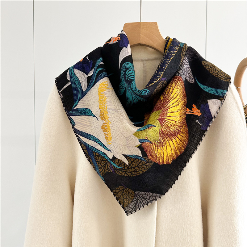 Picture of Autumn and winter double-sided two-color high-grade retro flowers 65cm silk wool scarf temperament all-match small shawl scarf