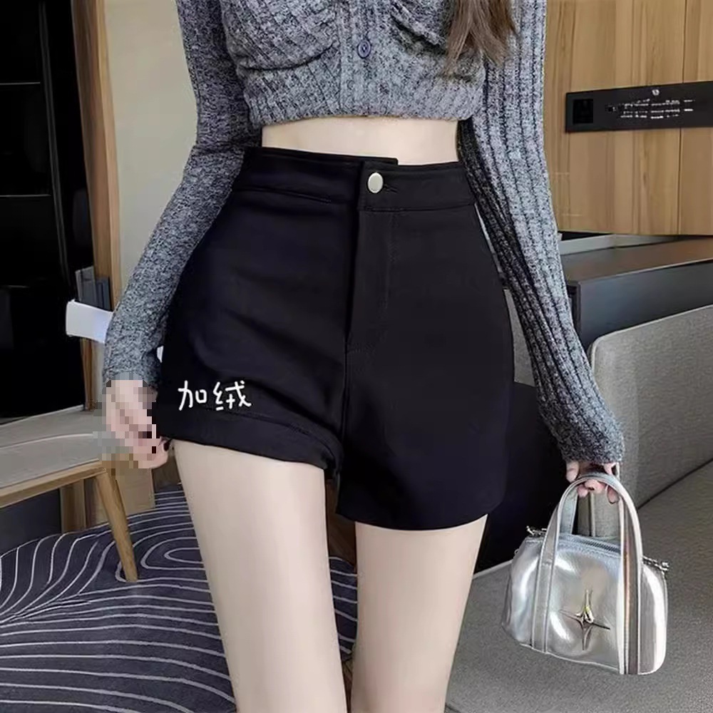 Black fleece-lined Bottoming Shorts Women's Autumn and Winter Outer Wear High Waist Tight Thin Velvet Small Black Pants Lower Clothes Disappearing Suit Shorts