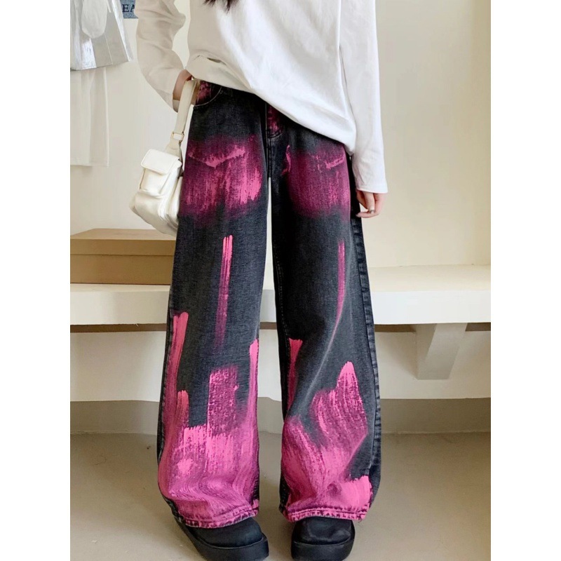 Picture of American Style High Street Flame Graffiti Tie-Dye Design Sense 2024 Jeans Women's Spring High Waist Loose Wide Leg Pants