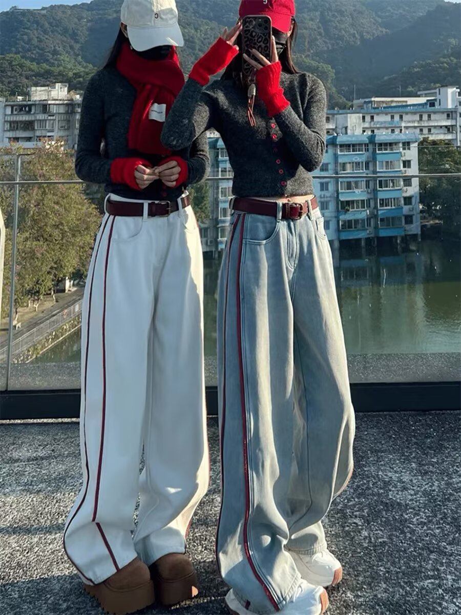 Straight Wide-Leg Jeans for Women in Summer, Washed and Distressed, High-Waisted, American Retro, Simple, High-End, Floor-Length Pants