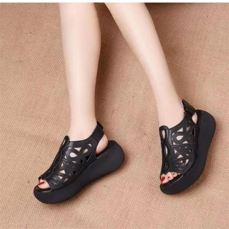 Summer New Retro Hollow Sandals Women's Thick-soled Platform Mama Fish-toe Shoes Wedge Ethnic Style Middle-aged Women's Shoes