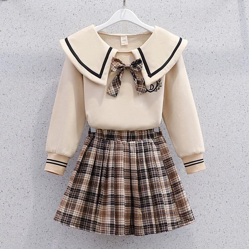 Spring and Autumn New Casual JK Uniform Dress for Primary and Secondary School Girls Western Style College Style Plaid Skirt Two-piece Set