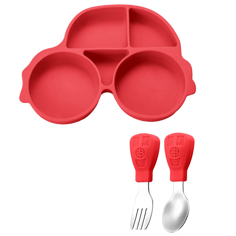 Picture of Amazon Cartoon Children's Car Silicone Dinner Plate 304 Stainless Steel Spoon Fork Gift Baby Learning Dining Tableware Set