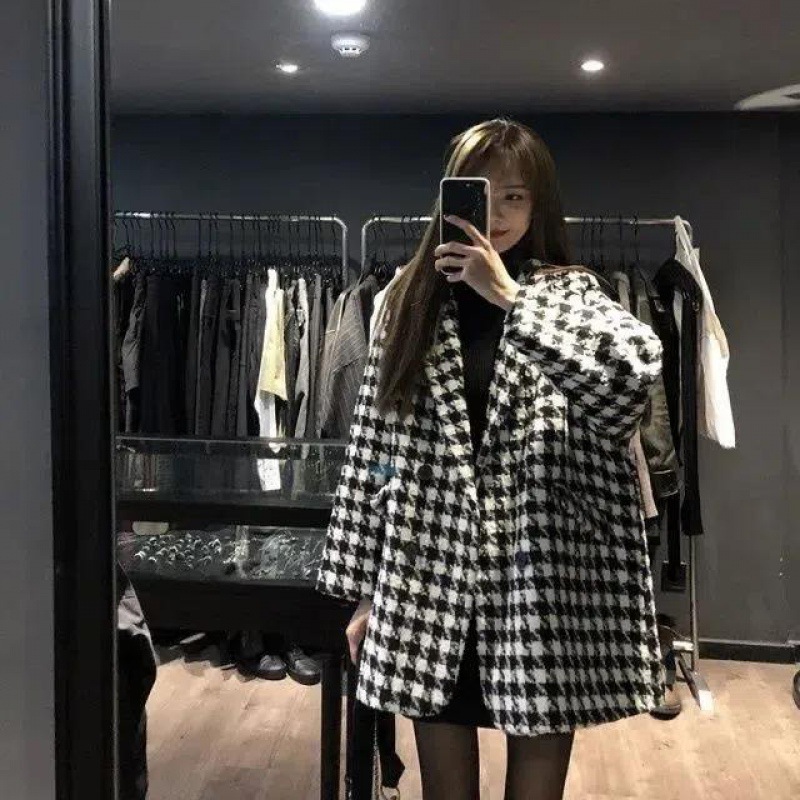 Fashion New Loose Woolen Jacket Women's Houndstooth Midi Woolen Coat Woolen Suit Jacket