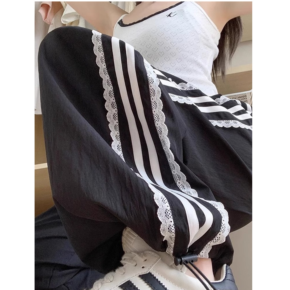 Picture of [Brocade Cotton Wrinkle] Lace Edge Wide Leg Cargo Pants Women's Summer Thin Loose High Waist Striped Casual Straight Sports