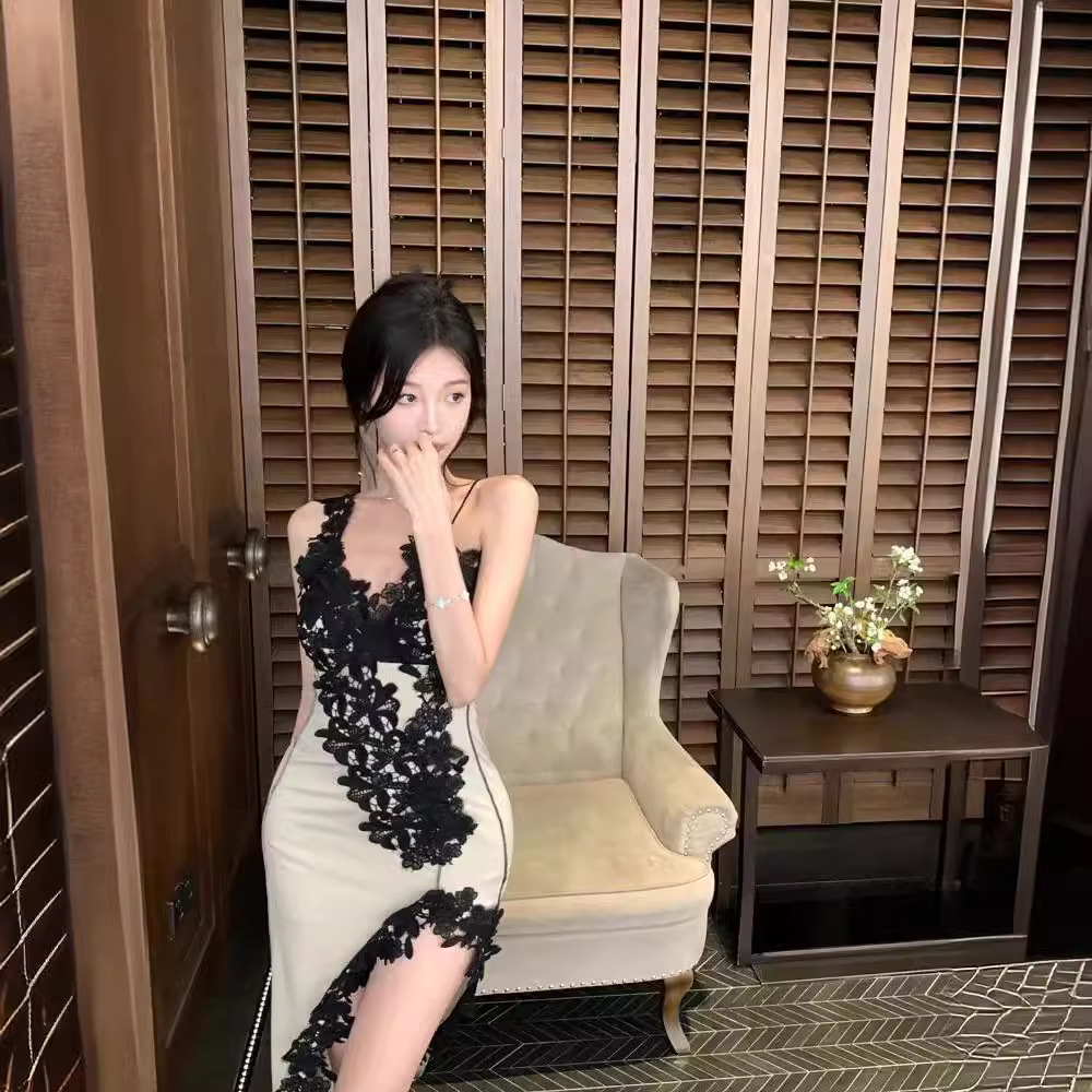 Picture of Lace Stitching Sling dress Women's Summer V-neck Sexy Split Long Dress Irregular Style Skirt