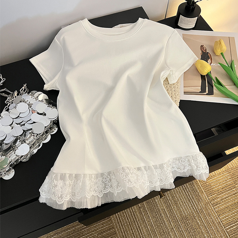 French Sweet Lace Hem Short-Sleeved T-Shirt Women's Summer Design Niche Waist T-Shirt White Top