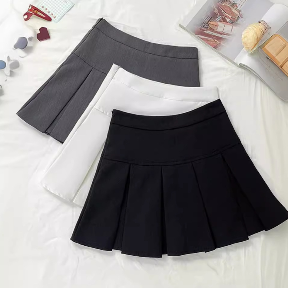 Grey Pleated Skirt Women's Spring and Autumn 2023 New Anti-glare A- line Short Skirt Slimming High Waist Puffy Umbrella Skirt