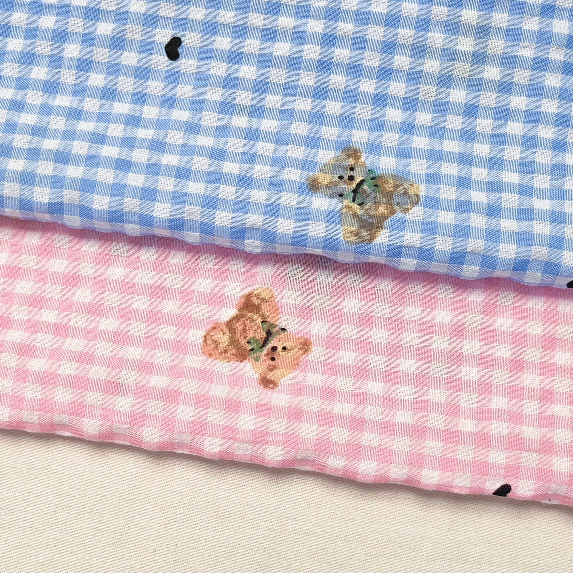 Spring and summer small fresh yarn-dyed lattice foam love bear printed fabric dress children's clothing home woven boutique