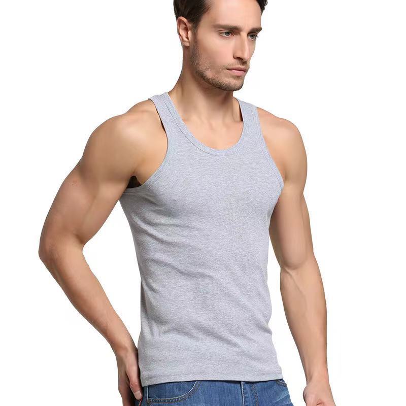 Picture of Old Man Wears New Men's Vest Pure Cotton Summer Youth Round Neck Sports Fitness Bottoming Thin Pure Color Vest