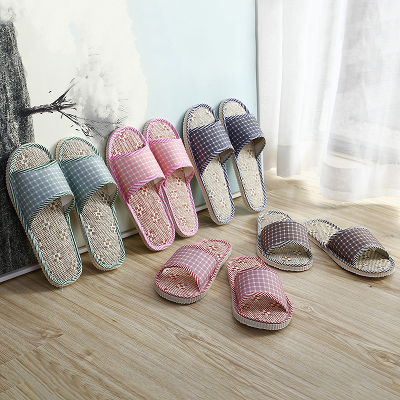 Square Indoor Home Slippers Linen Slippers Summer Slippers eva Men and Women Couple Guest Slippers Non-Disposable