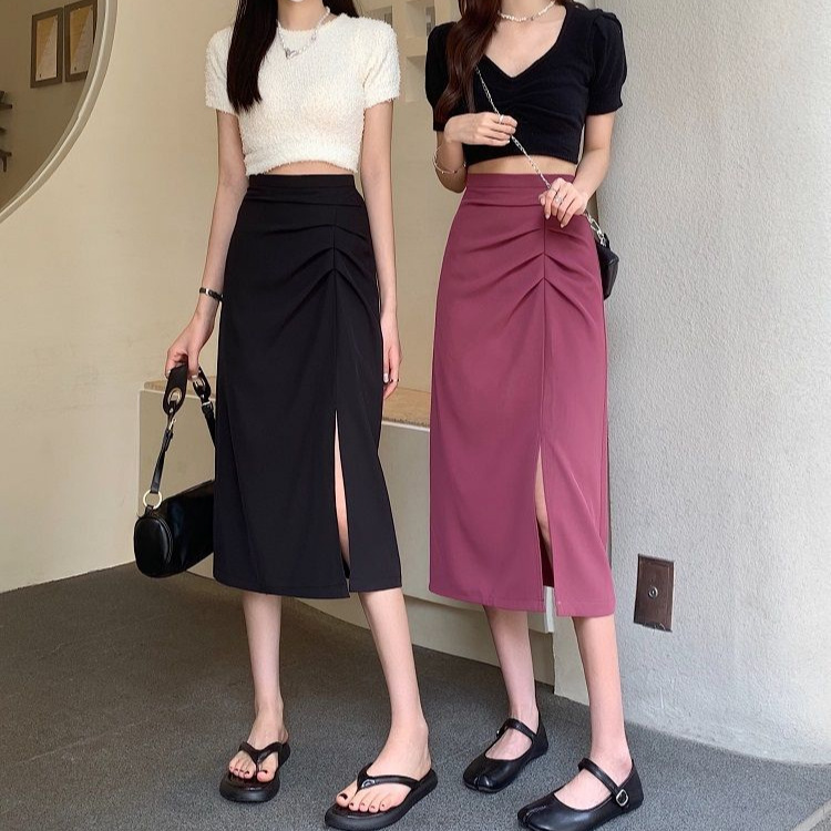 2025 Summer plus size chubby girl Black Skirt Women's High Waist Slimming Mid-length Pleated Split A- Line Hip Skirt