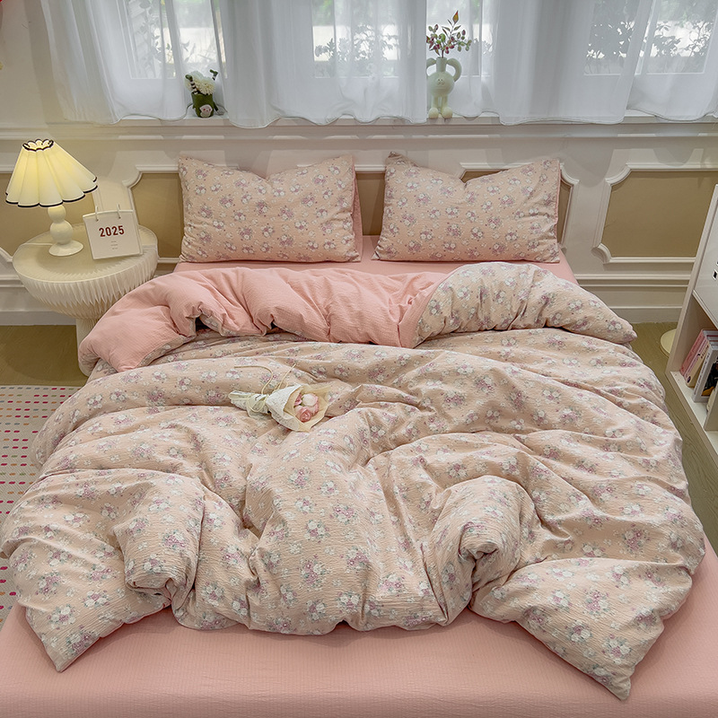 Picture of Double-Layer Gauze Wrinkled Cotton Bed Four-Piece Set Small Fresh Quilt Cover Home Ins Style Floral Summer New Three-Piece Set