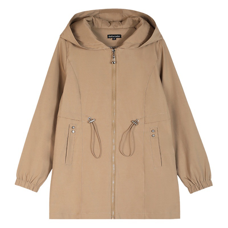 Solid Color Waisted Hooded Mid-length Coat Coat Women's Spring and Autumn Stretched Waist Slim-fit Slimming Casual Zipper Trendy Cardigan